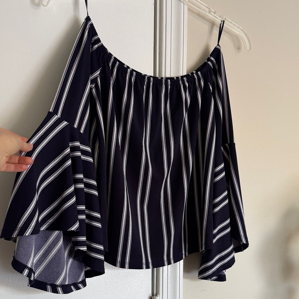 Navy and White Off the Shoulder Top with Bell Sleeves